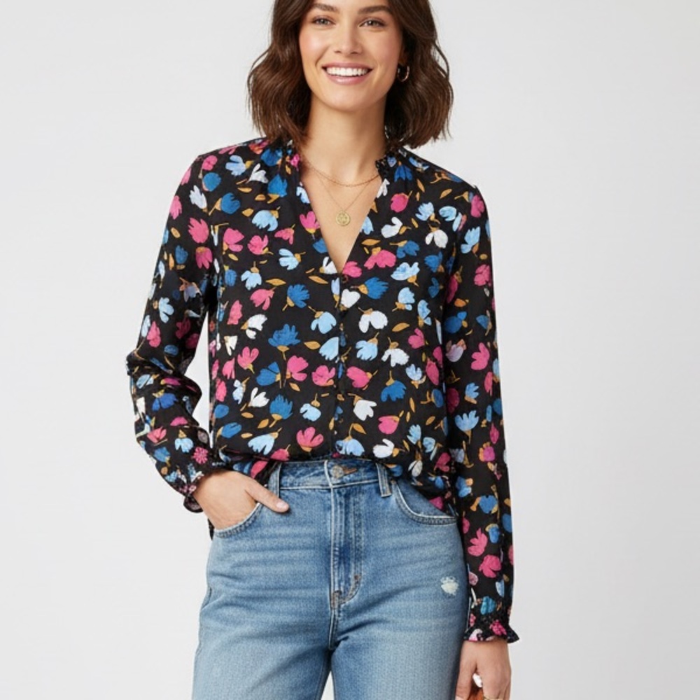 NWT J.CREW Top  Floral Ruffle Neck Button Down Blouse size S